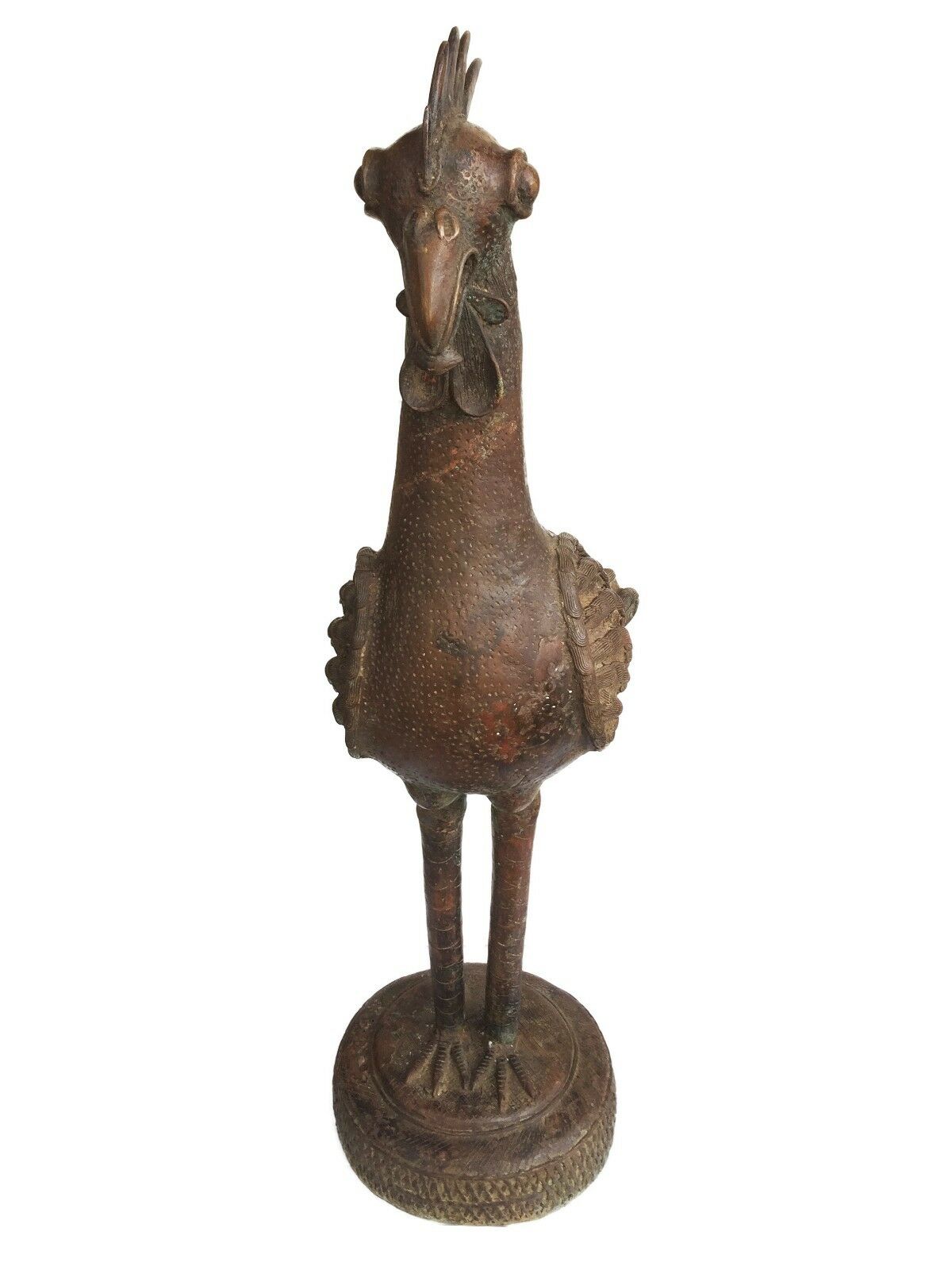#1573 Huge Bronze AfricanTribal Benin Bronze Rooster 39.5" H
