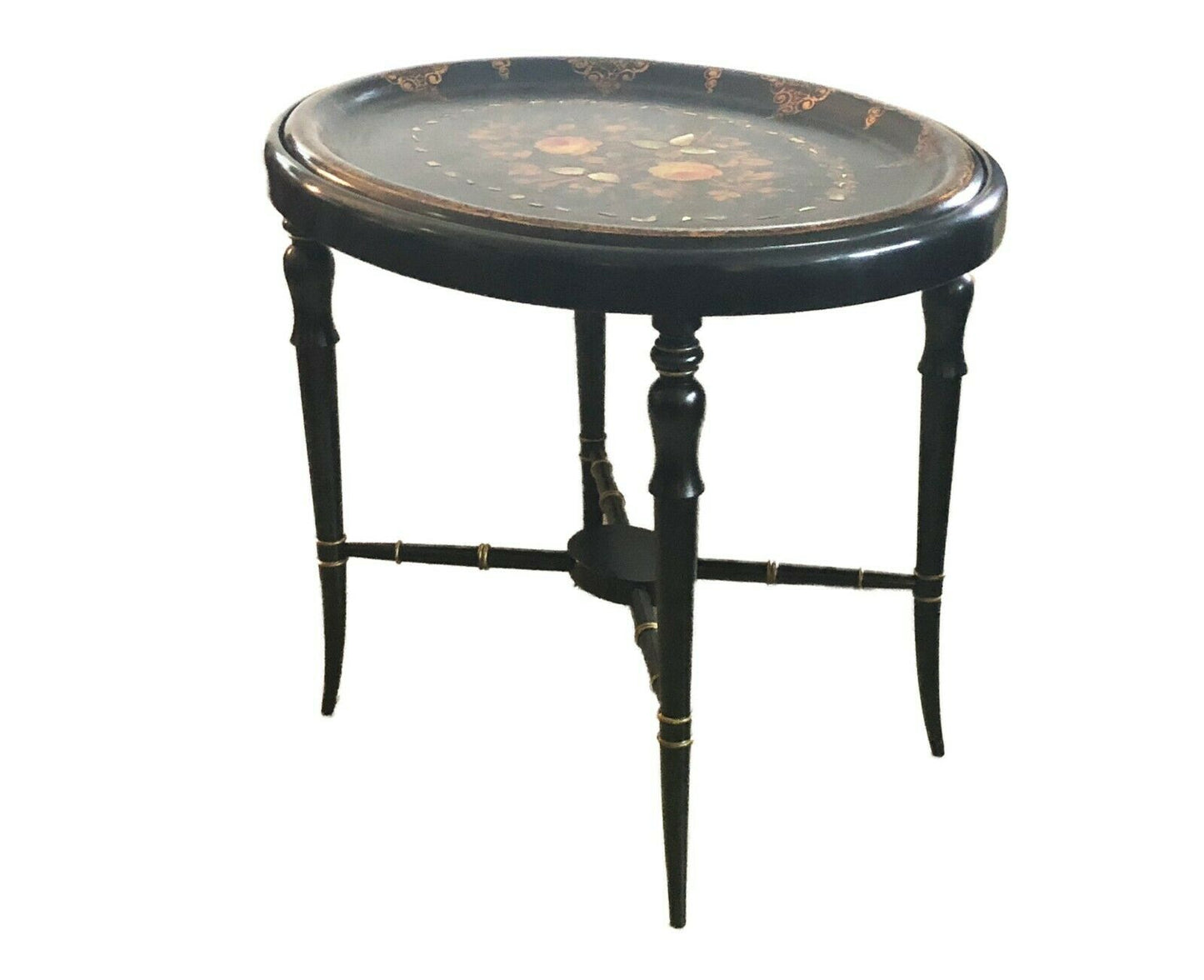 19th Papier Mâché Hand Painted Oval Tray Table W/ Mother of Pearl Inlay 22.5' H #525