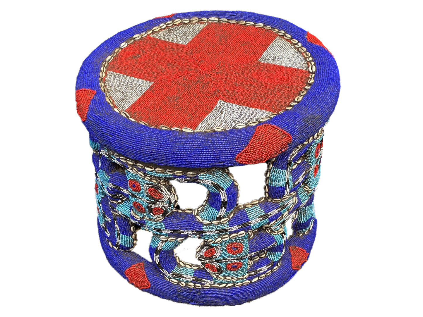 # 3777 Large Nobility Beaded Wood Bamileke Throne /Table/ Stool W/snakes Cameroon 25" D