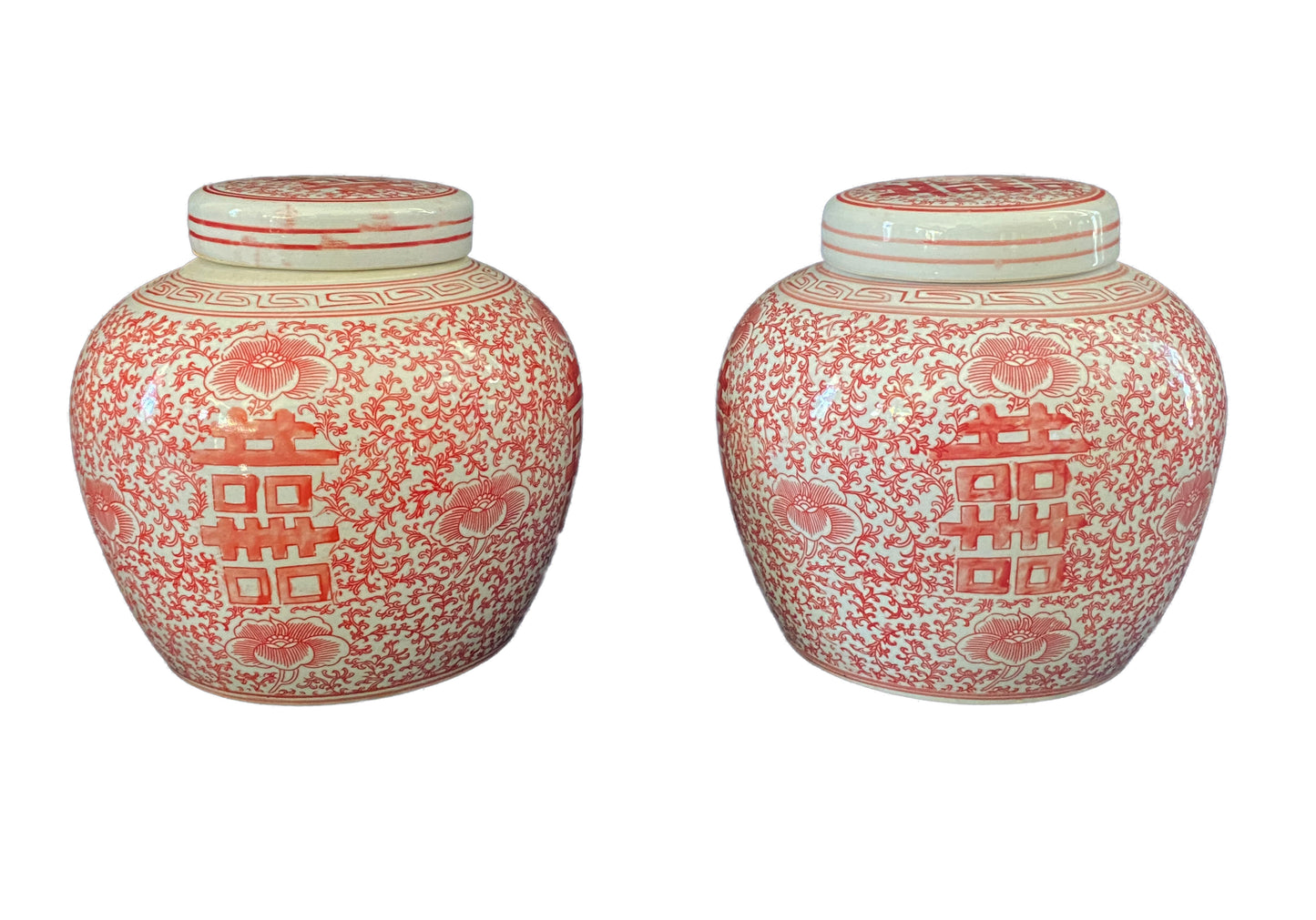 # 6160/3172 Chinoiserie Coral and White Double Happiness Ginger Jars/Pair 8.5" H