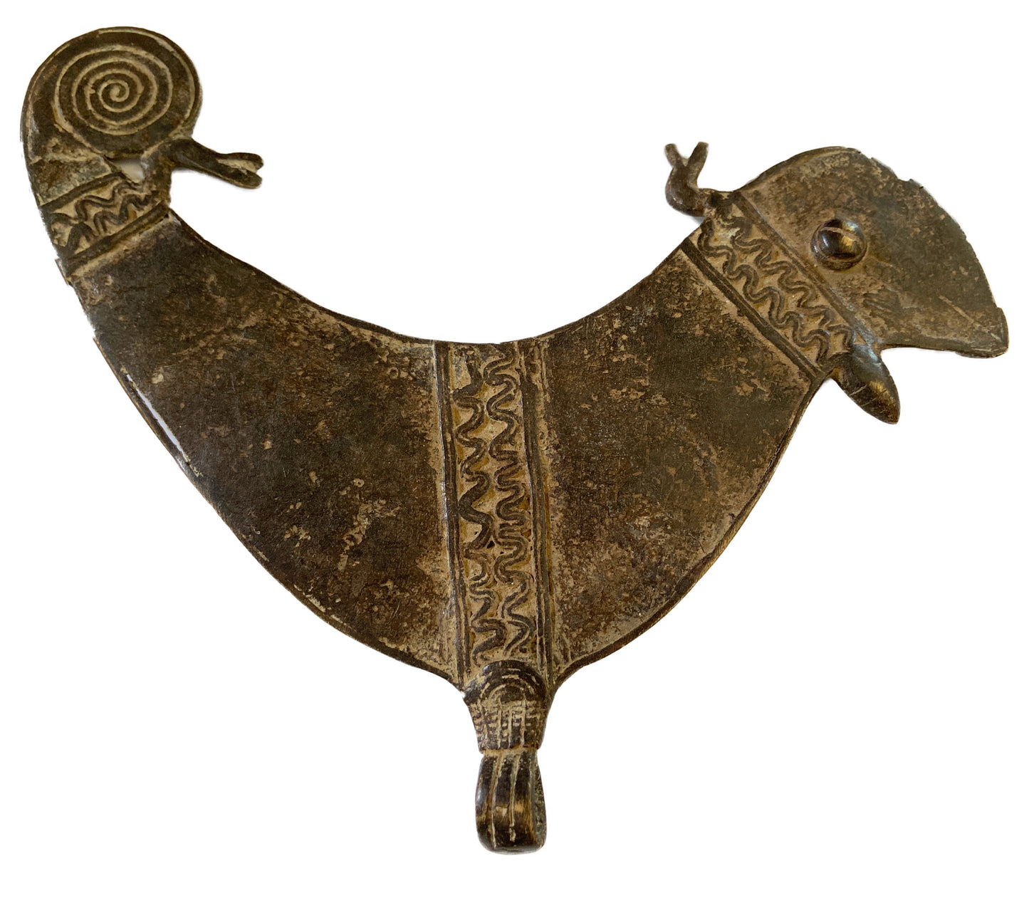 #506 Rare old Bwaba Burkina Faso brass/bronze amulet pendant of a chameleon 7" by 5"