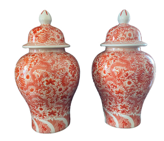 #3170 Coral & White Chinoiserie Dragons Ginger jars   25" H