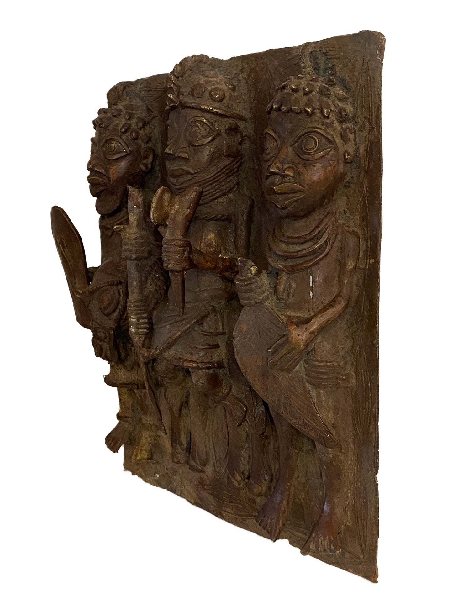 #3927  African Benin Bronze Plaque W/ Warriors 12.5" H