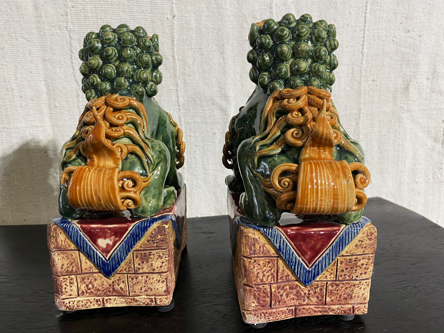 # 4158 Chinoiserie Sancai Glaze Pottery Foo Dogs - a Pair 9.5" H