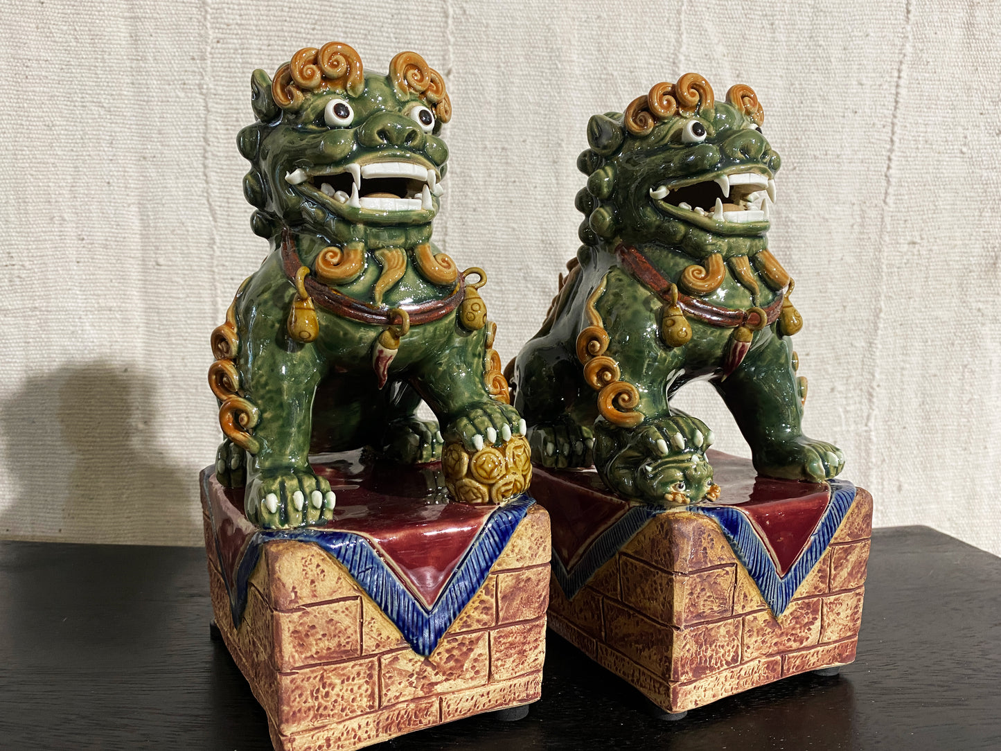 # 4158 Chinoiserie Sancai Glaze Pottery Foo Dogs - a Pair 9.5" H