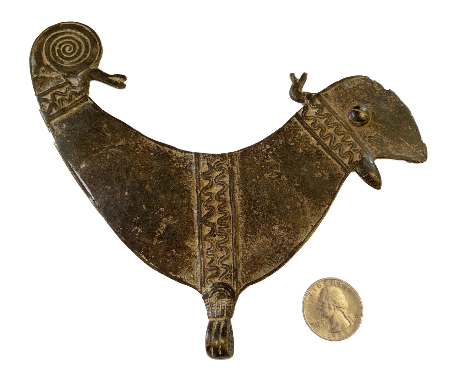 #506 Rare old Bwaba Burkina Faso brass/bronze amulet pendant of a chameleon 7" by 5"