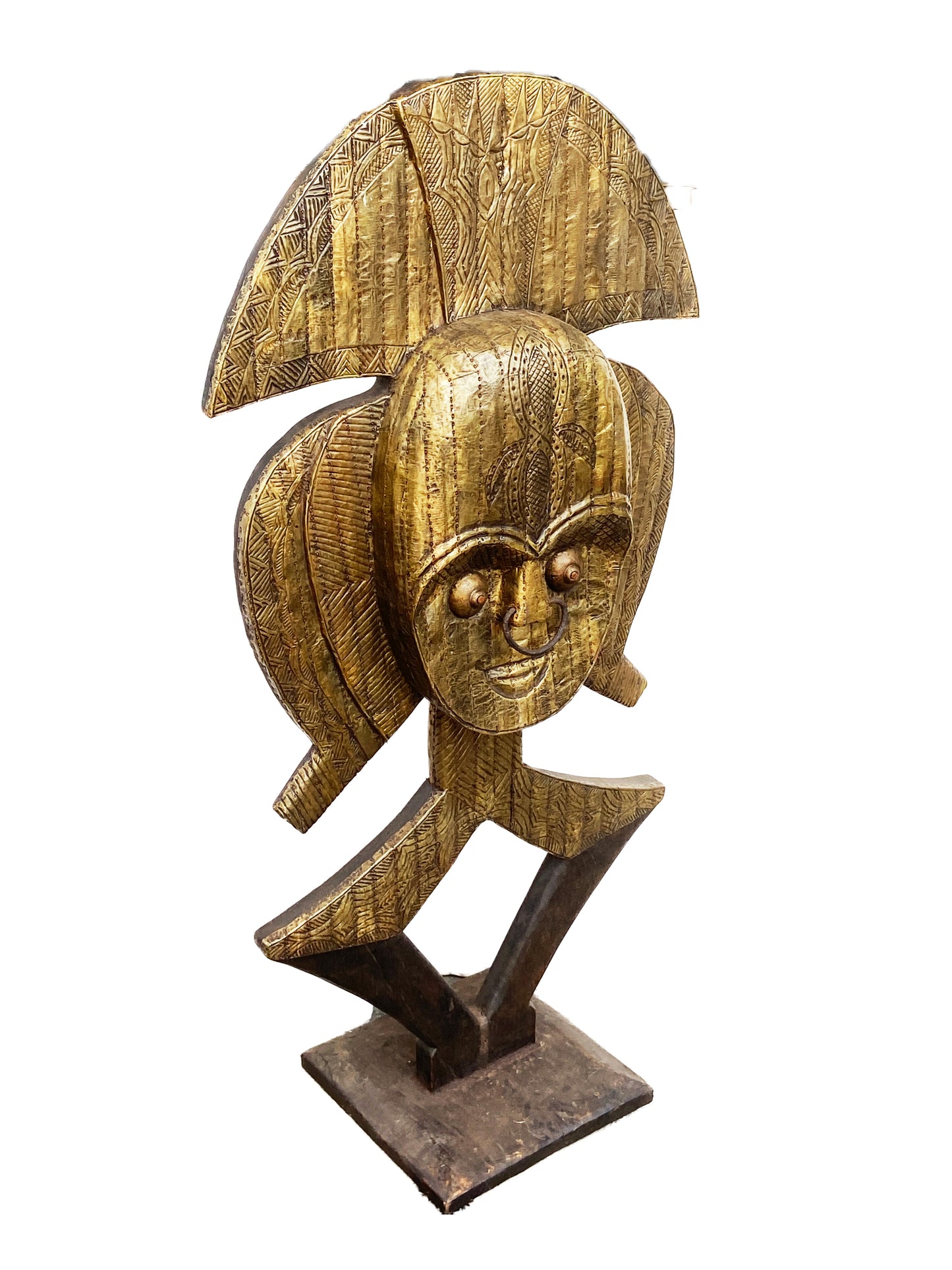 #2335 Huge Bakota Brass and wood Sculpture w/Stand 44.5" H