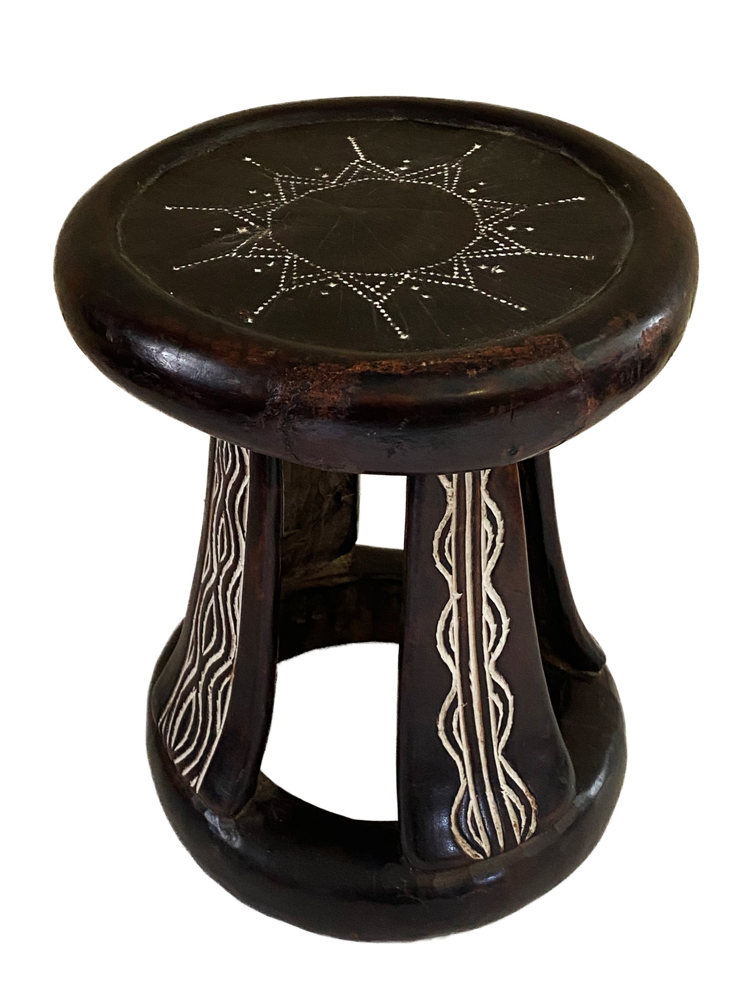 #3958 Superb Old African Baule Low Stool with White Carved Pattern 10.75" H