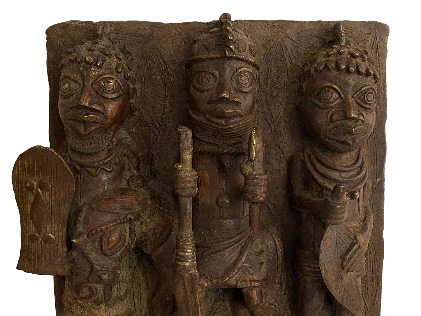 #3927  African Benin Bronze Plaque W/ Warriors 12.5" H