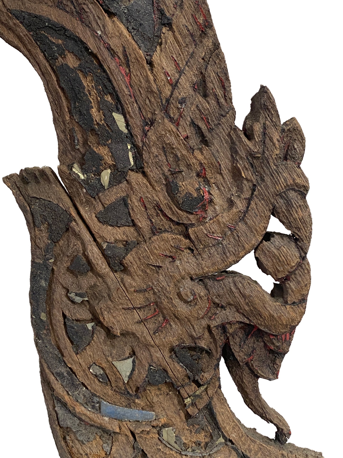 #4138 Large 19th Century Thai Wood Naga Roof Finial Sculpture on Iron Stand 31.25" H