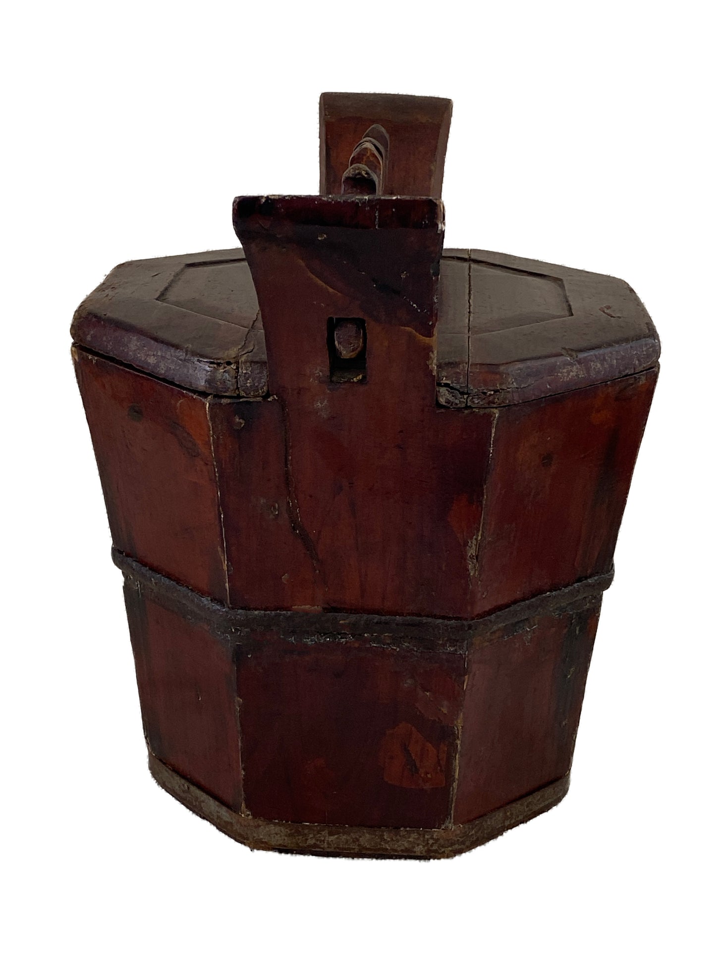 #3556Antique Chinoiserie Wood Rice Grain Bucket With Locking Handle