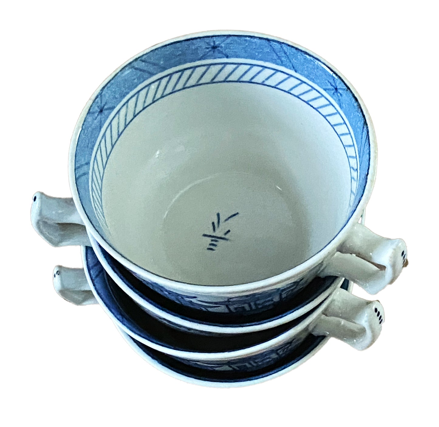 #3157 Antique English Woods Ware Canton S/2 Cups Blue Pagoda Pattern