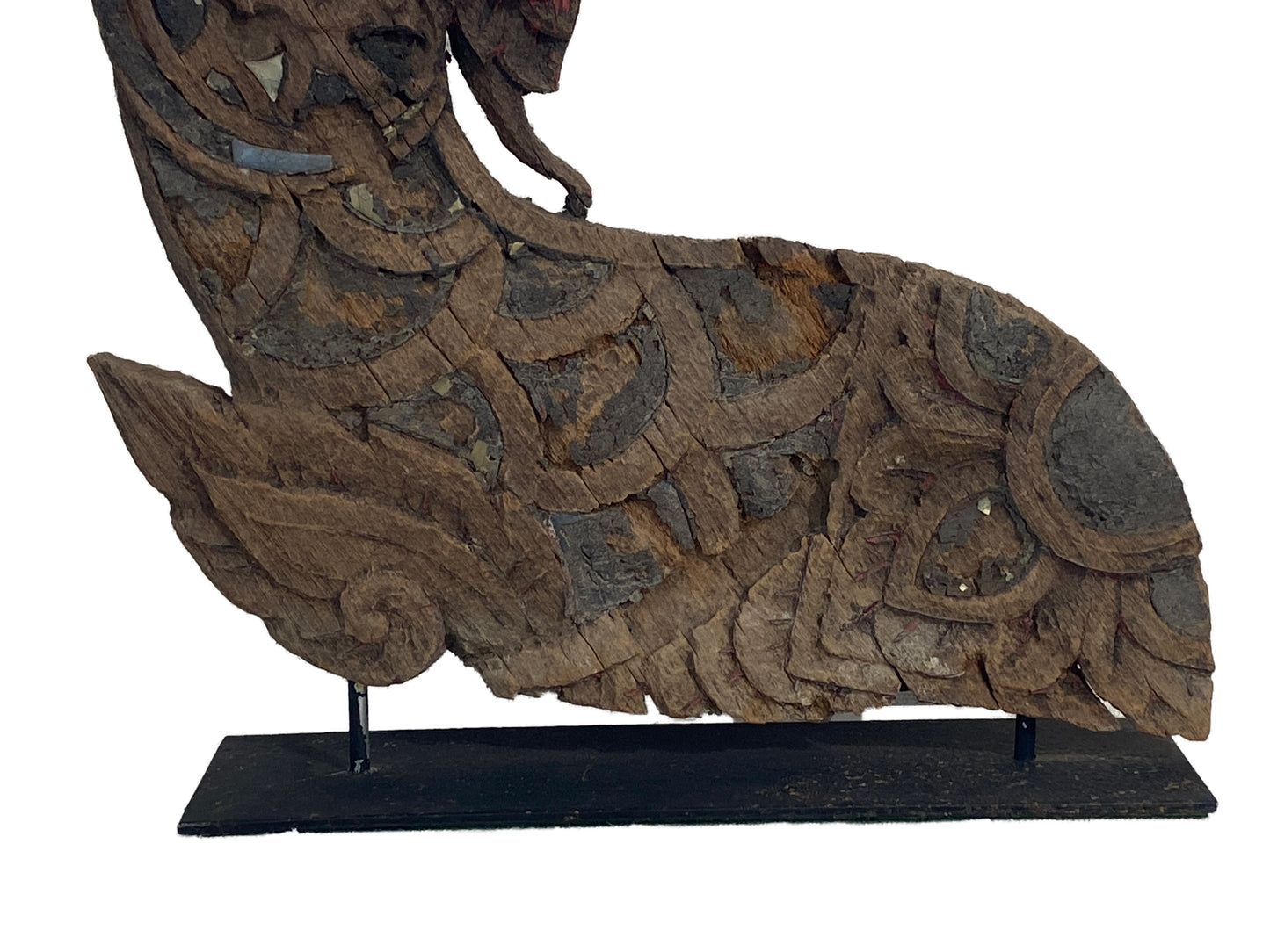 #4138 Large 19th Century Thai Wood Naga Roof Finial Sculpture on Iron Stand 31.25" H
