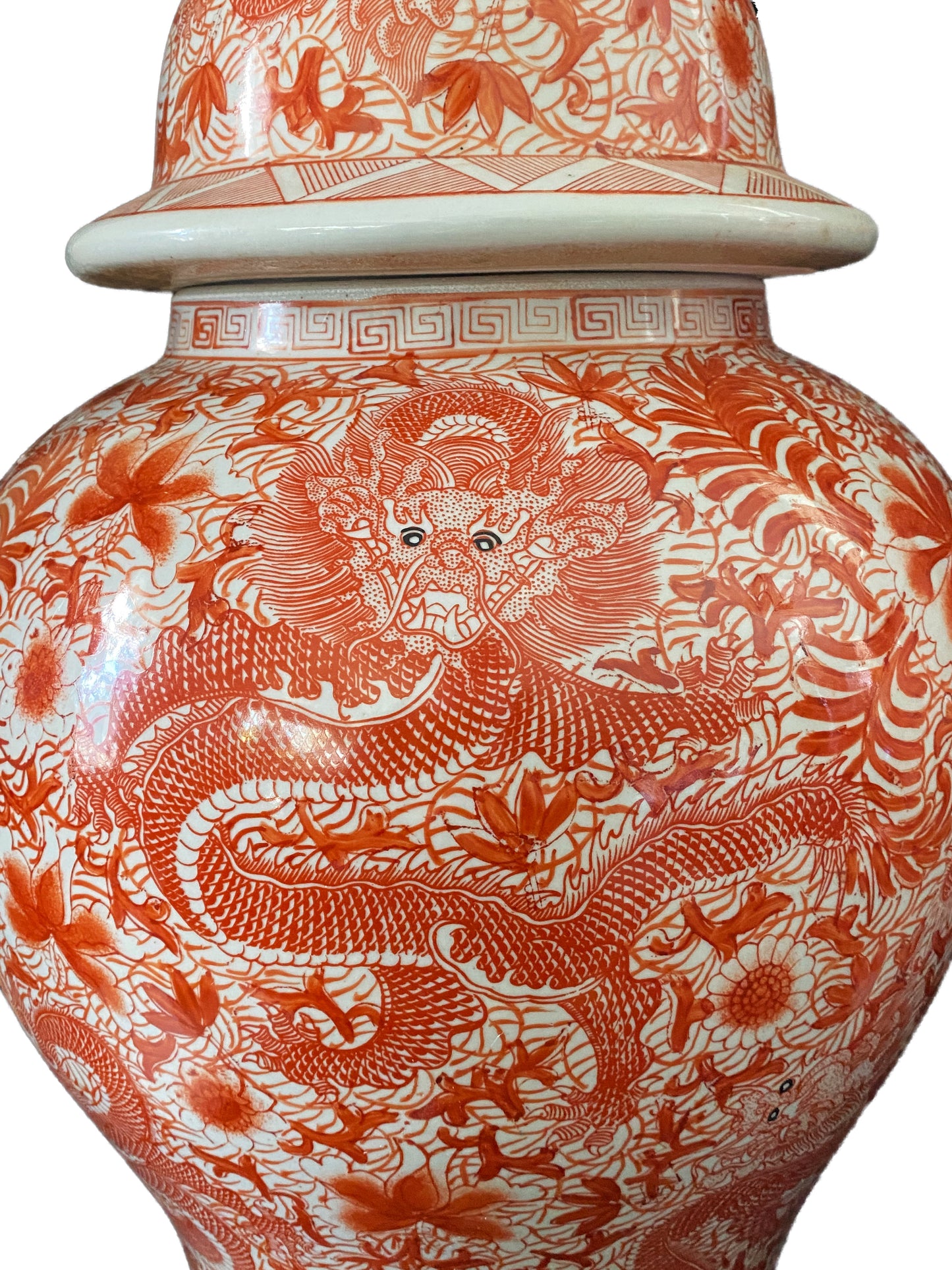 #3170 Coral & White Chinoiserie Dragons Temple Ginger jars 25" H