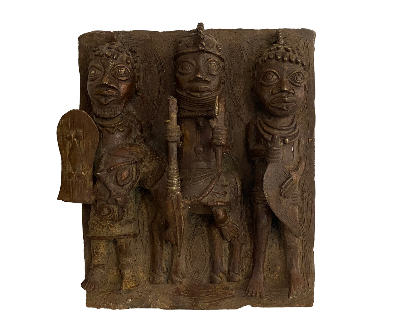 #3927  African Benin Bronze Plaque W/ Warriors 12.5" H
