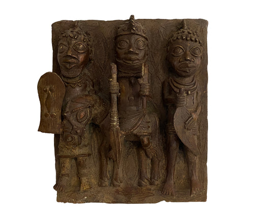 #3927  African Benin Bronze Plaque W/ Warriors 12.5" H