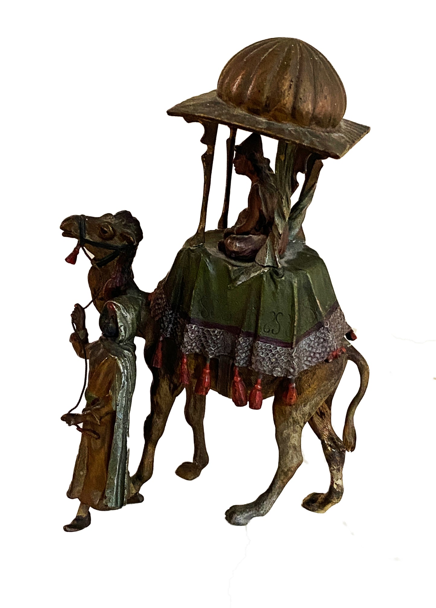 #3676 19th Austrian Vienna Bronze "MEN W/ CAMEL & TRAVEL CARRIAGE" 8" H