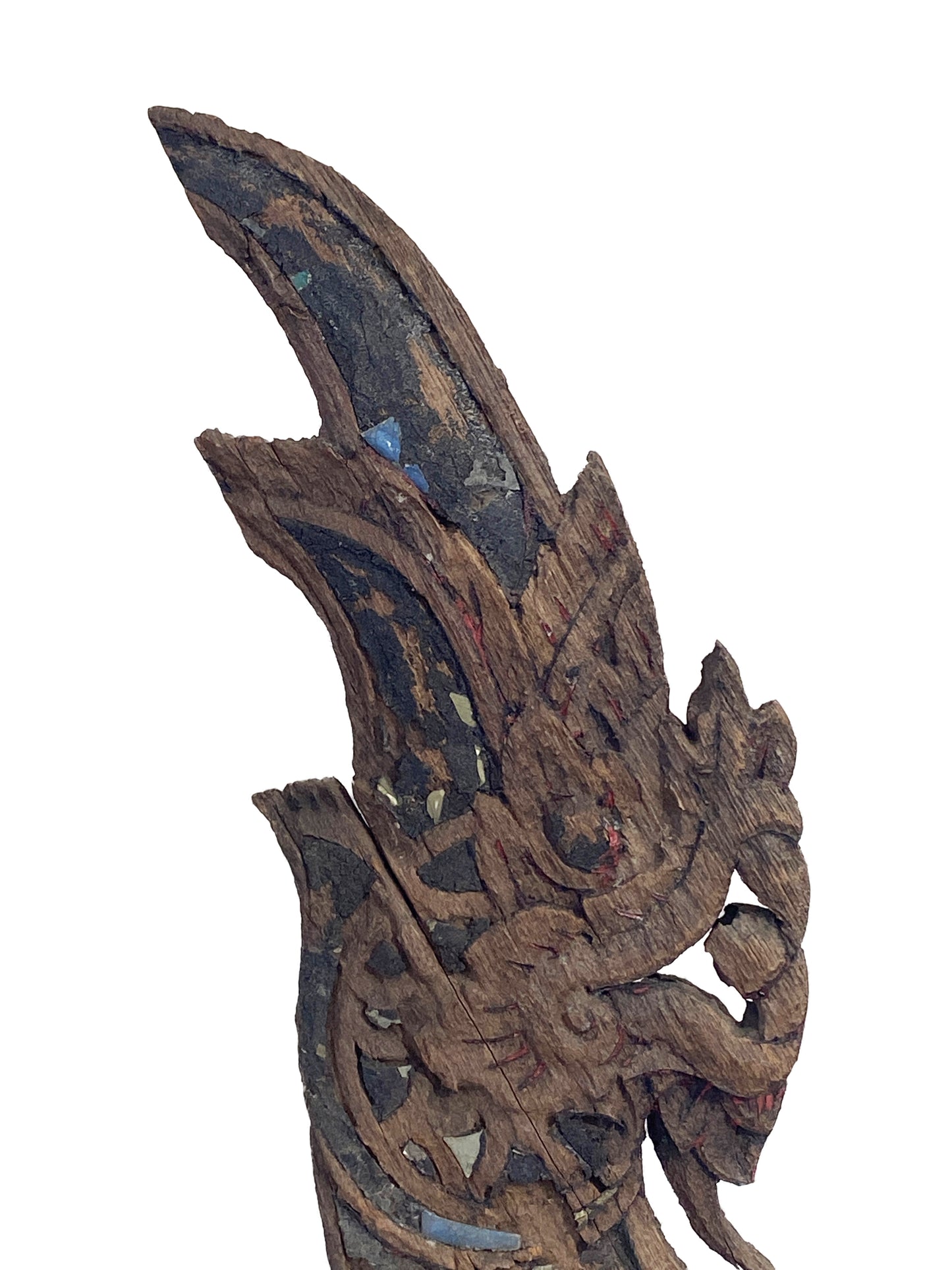 #4138 Large 19th Century Thai Wood Naga Roof Finial Sculpture on Iron Stand 31.25" H