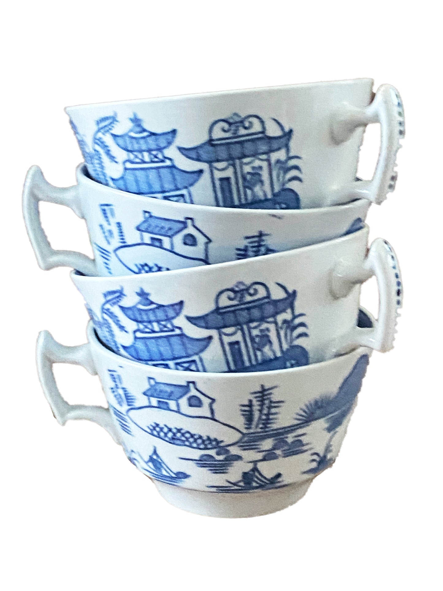 #3157 Antique English Woods Ware Canton S/4 Cups Blue Pagoda Pattern
