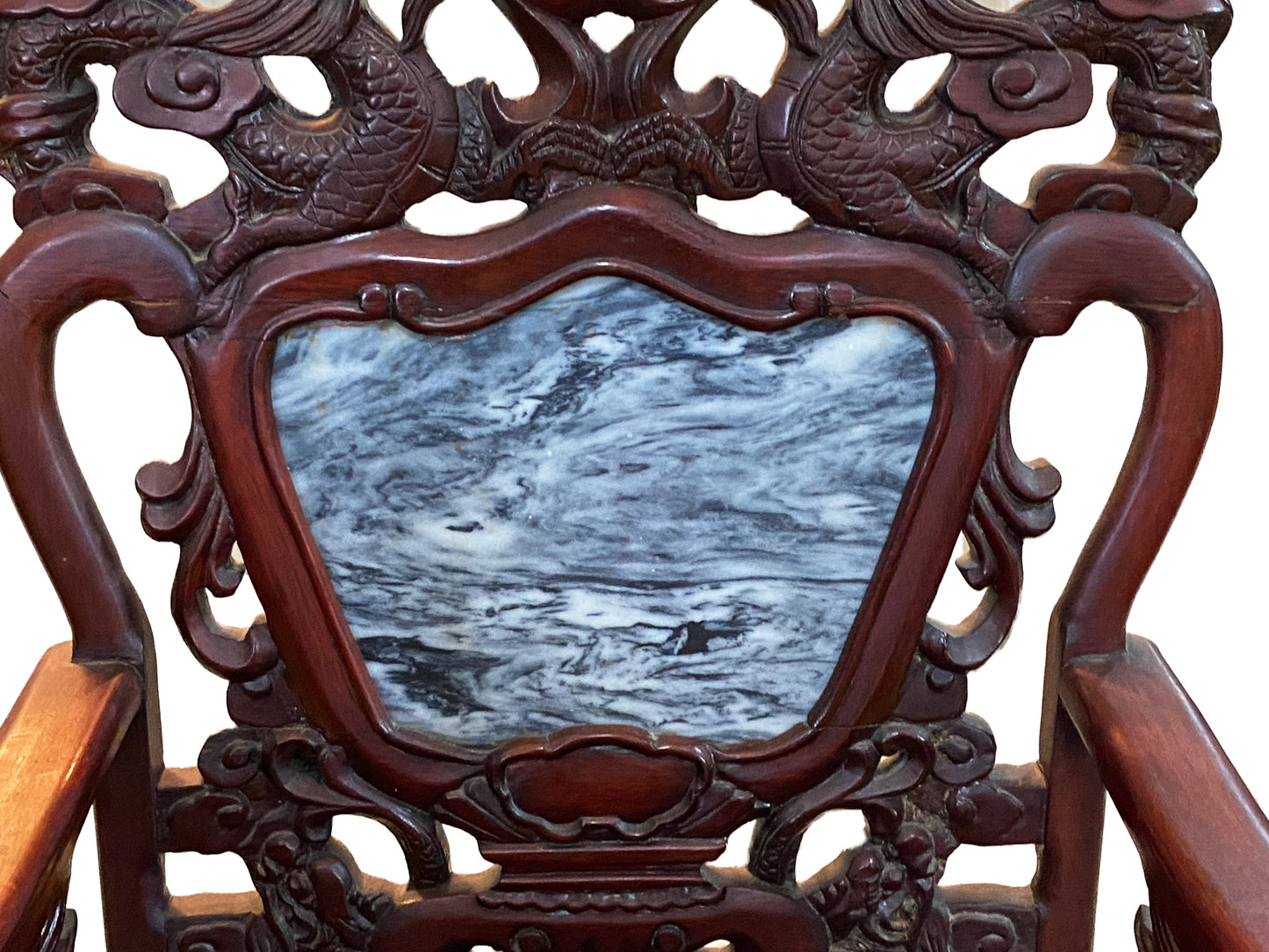 #3703 Antique Chinese Peranakan Dragons Rosewood Arm Chair With Marble Insert