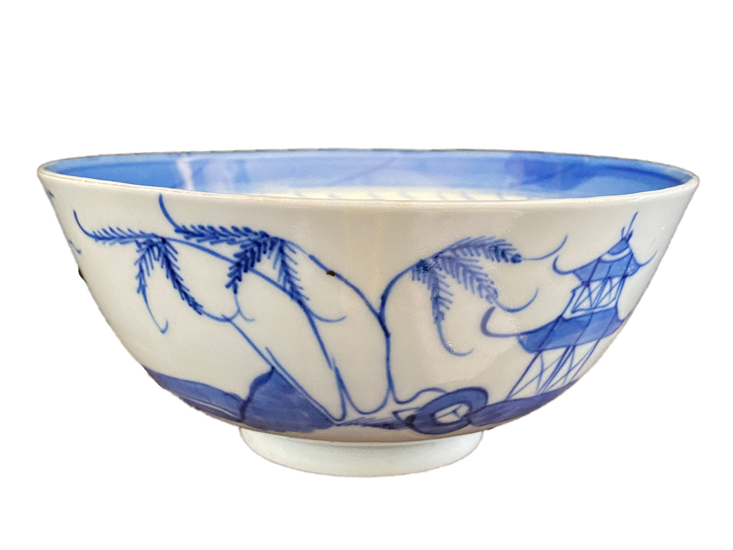 19th Century Chinese Canton Blue and White Porcelain Pagoda Motif Bowl 6" D #2176