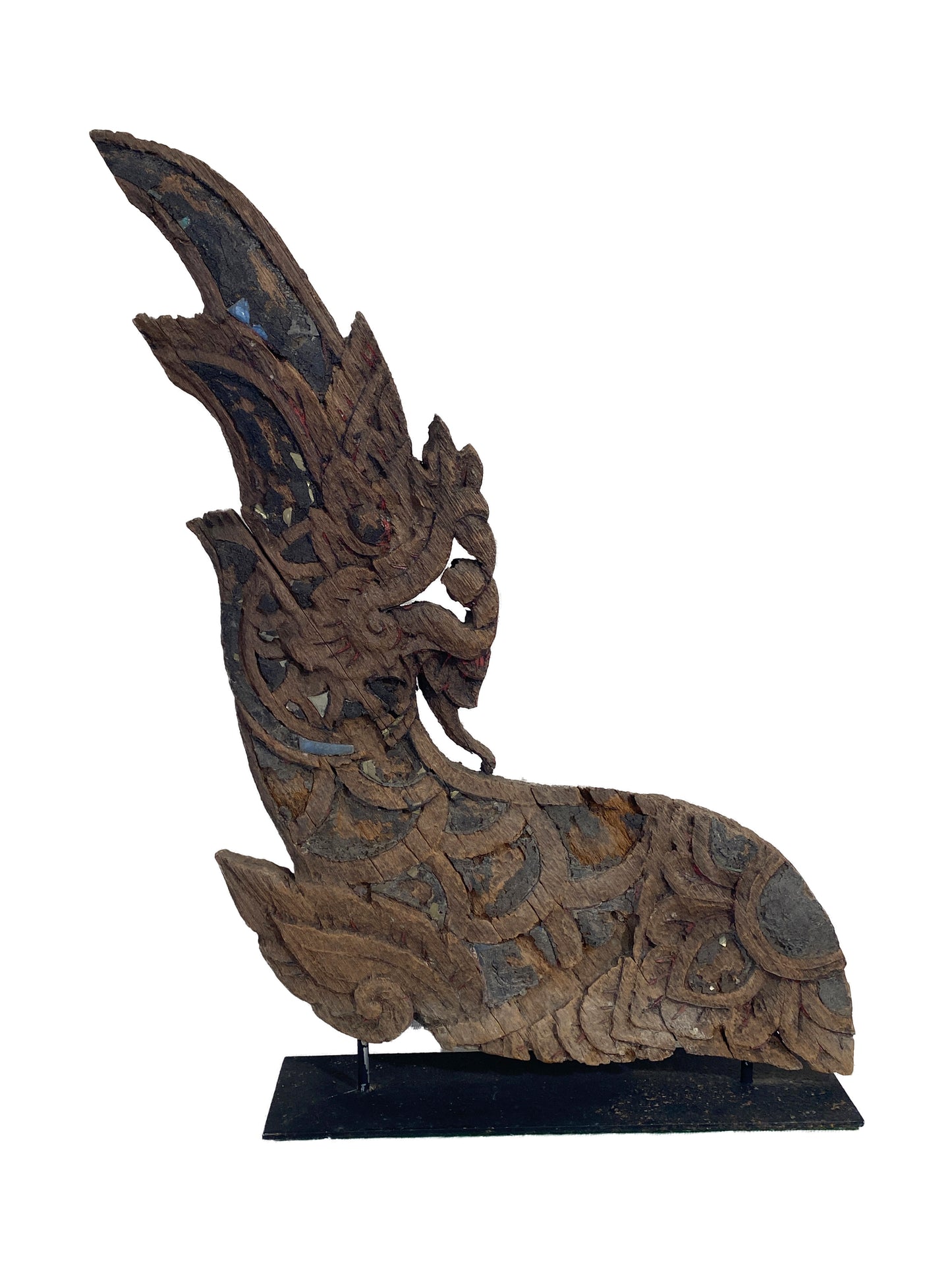 #4138 Large 19th Century Thai Wood Naga Roof Finial Sculpture on Iron Stand 31.25" H