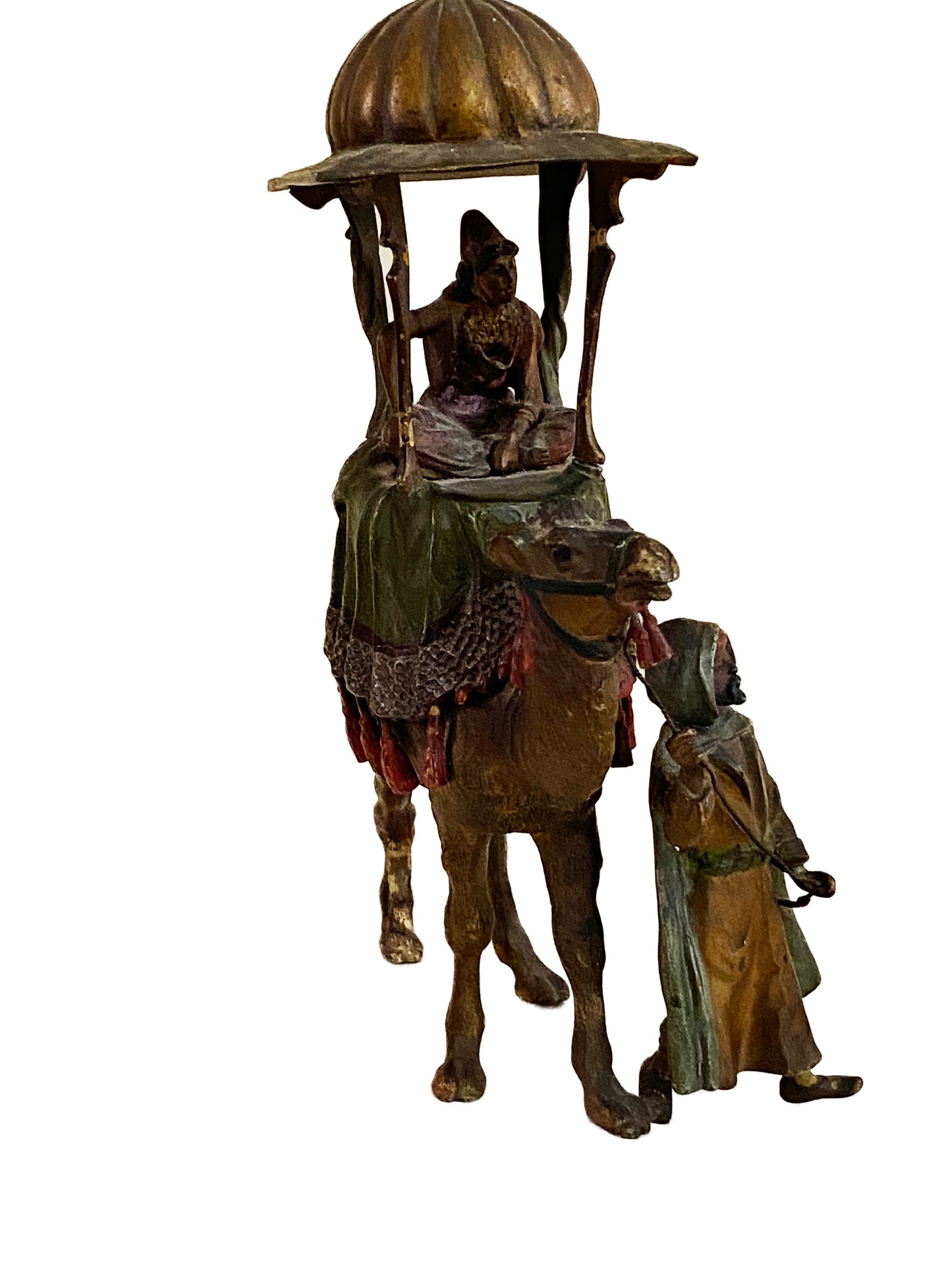 #3676 19th Austrian Vienna Bronze "MEN W/ CAMEL & TRAVEL CARRIAGE" 8" H