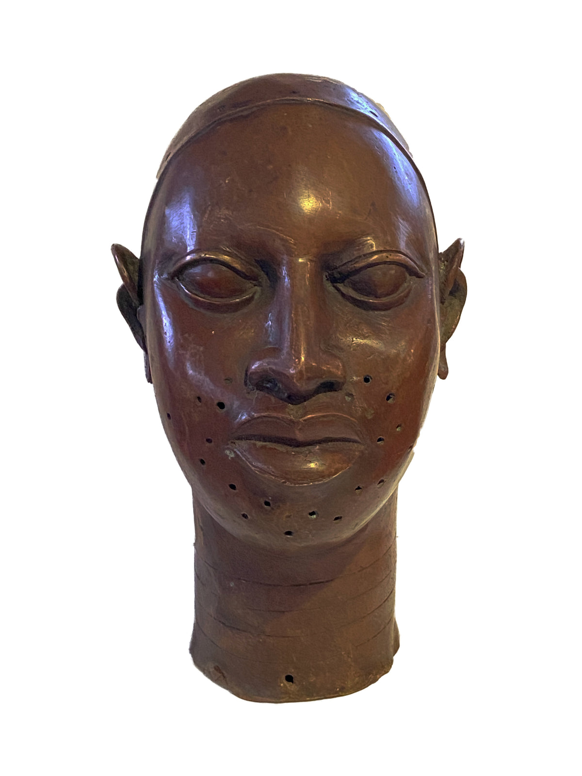 #948 Lg Benin Bronze King Head Oba Nigeria 14' H