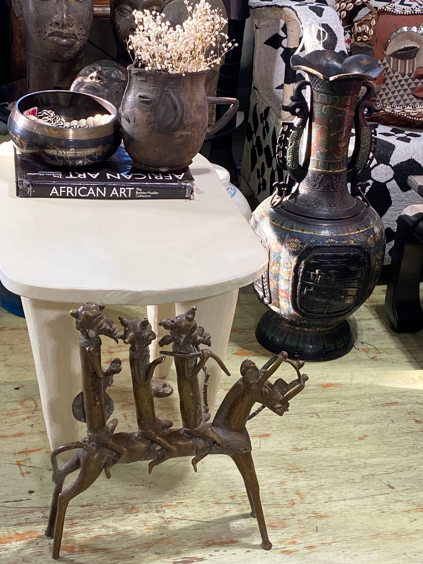 #4895 LG  African Kotoko Bronze Horseman W/ 3 Companions 17" H Chad