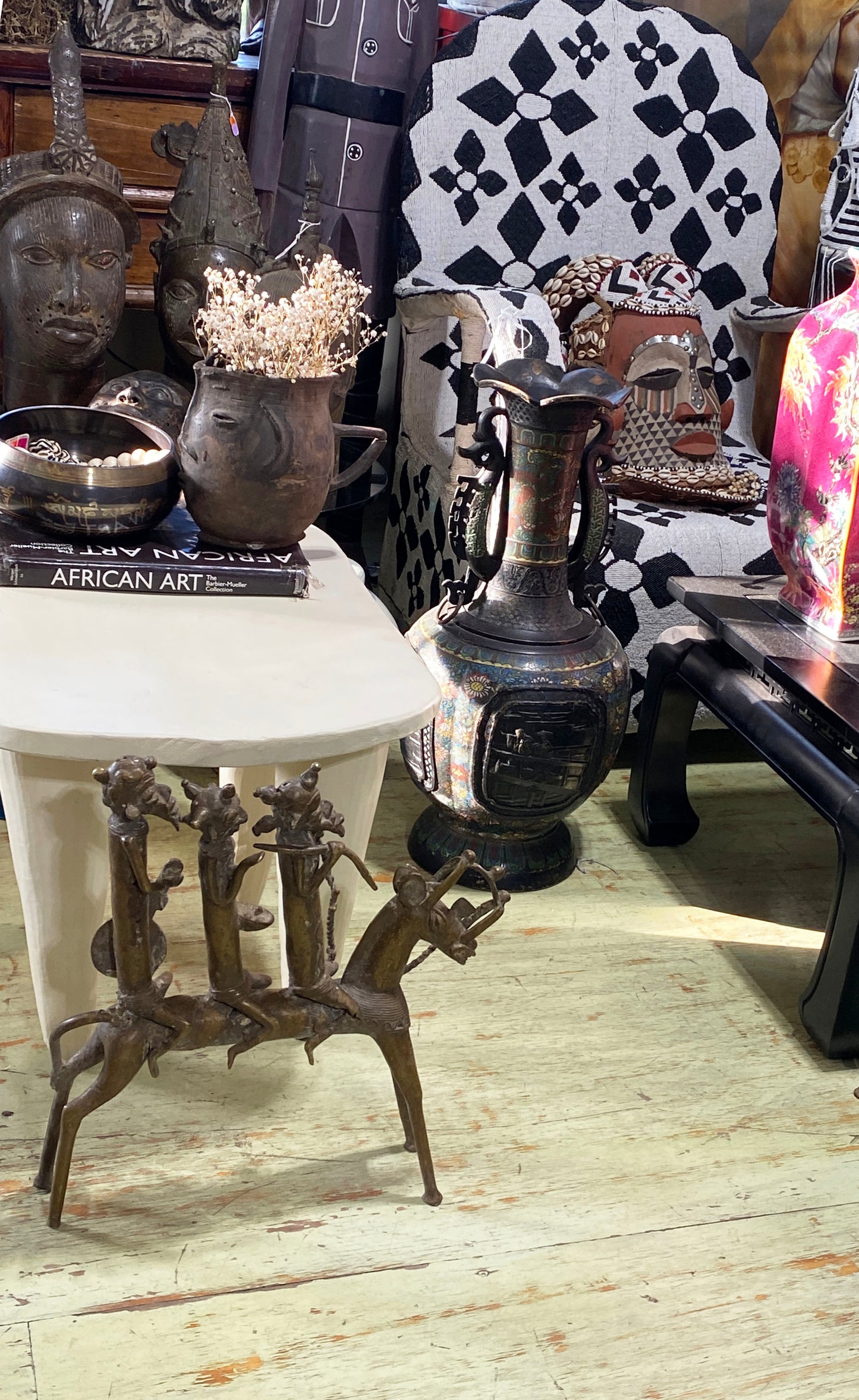 #4895 LG  African Kotoko Bronze Horseman W/ 3 Companions 17" H Chad