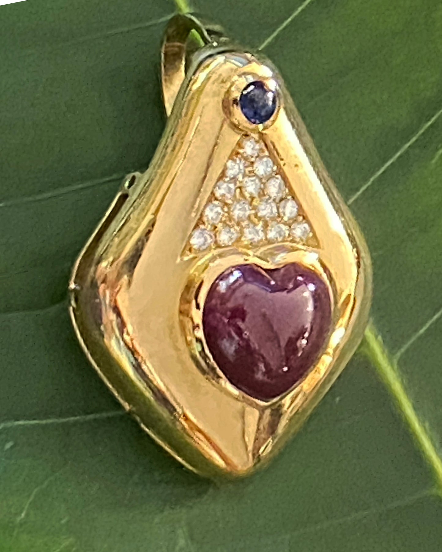 #3970 18K Heart Cut Cabochon Ruby and Diamond Enhancer Pendant