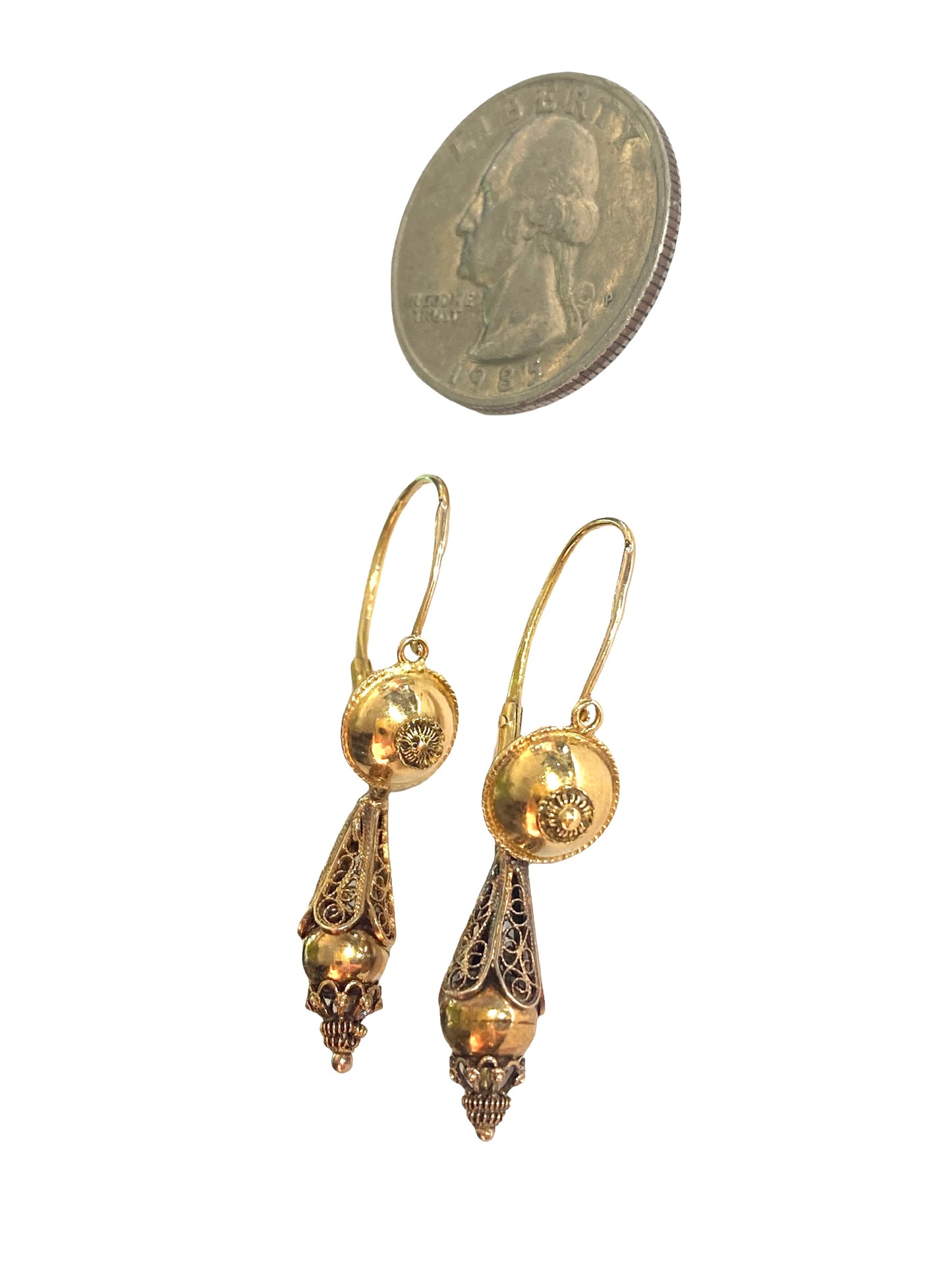 #4540 Antique Gold Portuguese 18k Filigree Bomb Drop Earrings