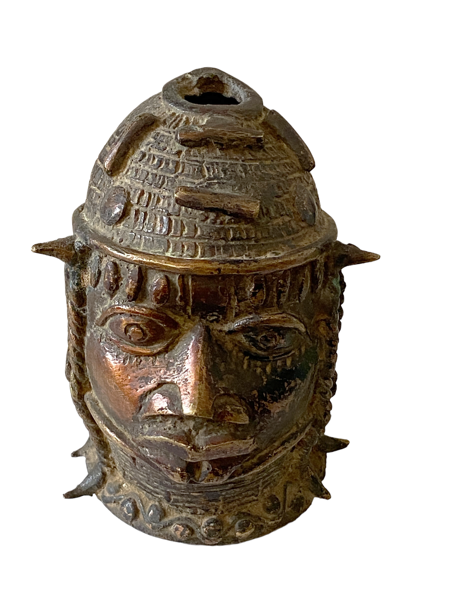 #8338 Stunning Old Benin Bronze Brass Head of Oba Nigeria African 4.5"H