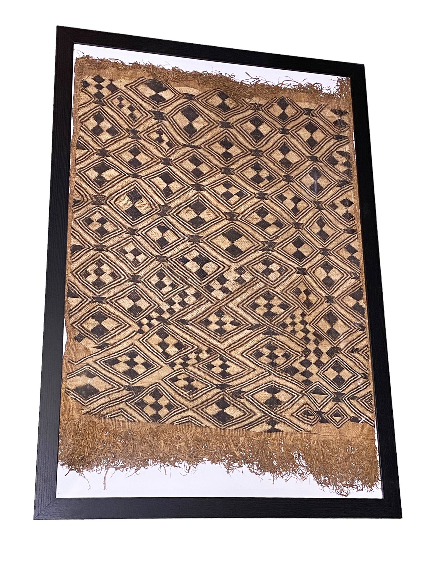 #5332 African tribal Kuba Kasai Raffia Textile framed 24" by 36"