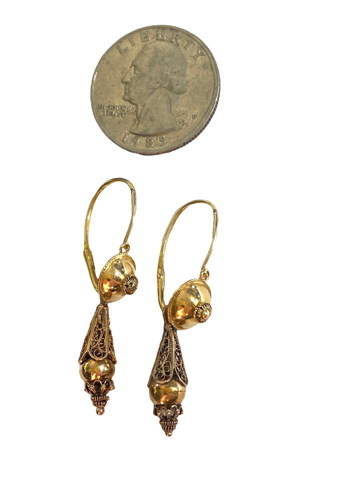 #4540 Antique Gold Portuguese 18k Filigree Bomb Drop Earrings