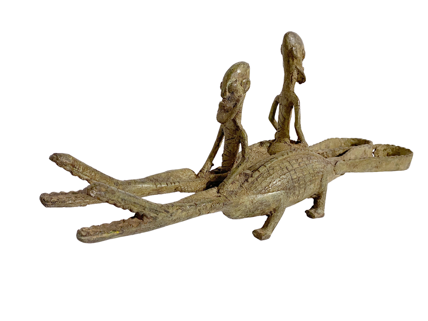 # 239 Dogon Bronze Ancestors Riding a crocodile , Mali.15 " W
