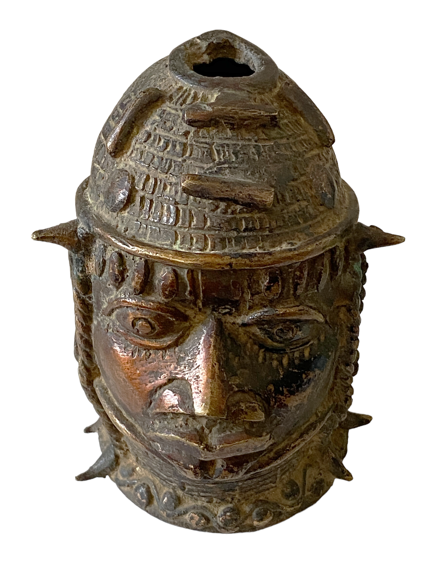 #8338 Stunning Old Benin Bronze Brass Head of Oba Nigeria African 4.5"H
