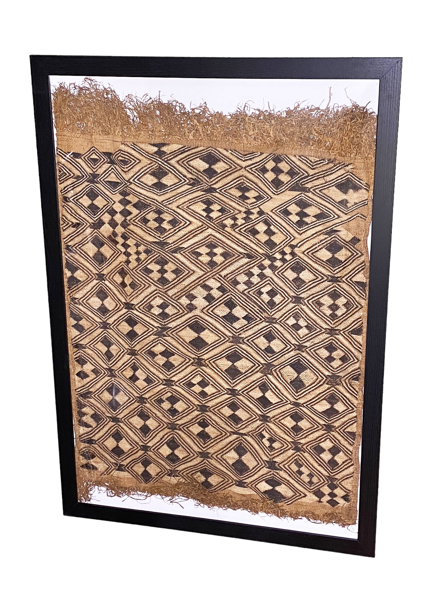 #5332 African tribal Kuba Kasai Raffia Textile framed 24" by 36"