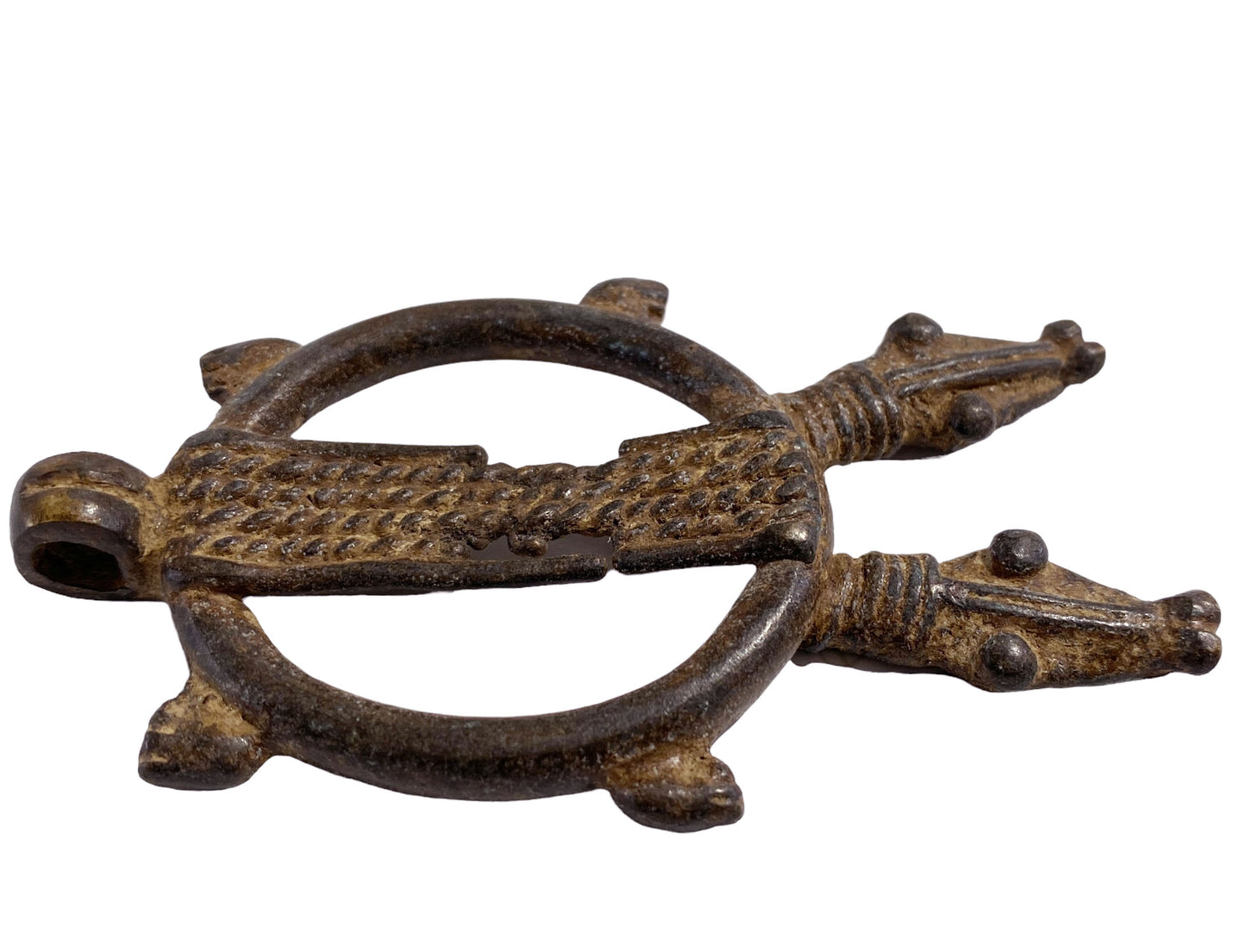 #5348 African Gan Crocodiles Bronze Gold Weight / Pendant Burkina Faso 2.75" H