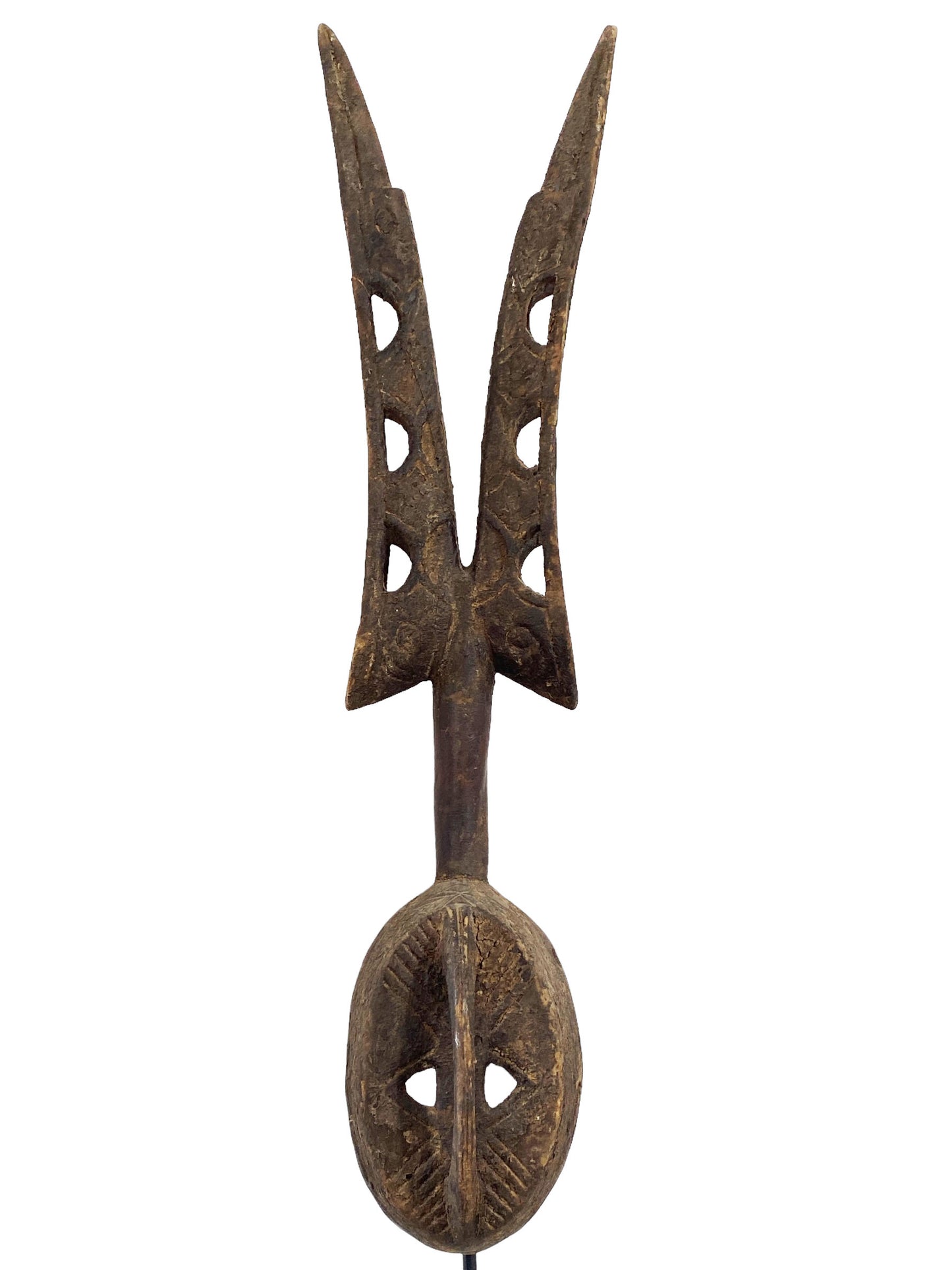 #5472 African Vintage Dogon Antelope Mask Mali 51.5" H W/Iron Stand