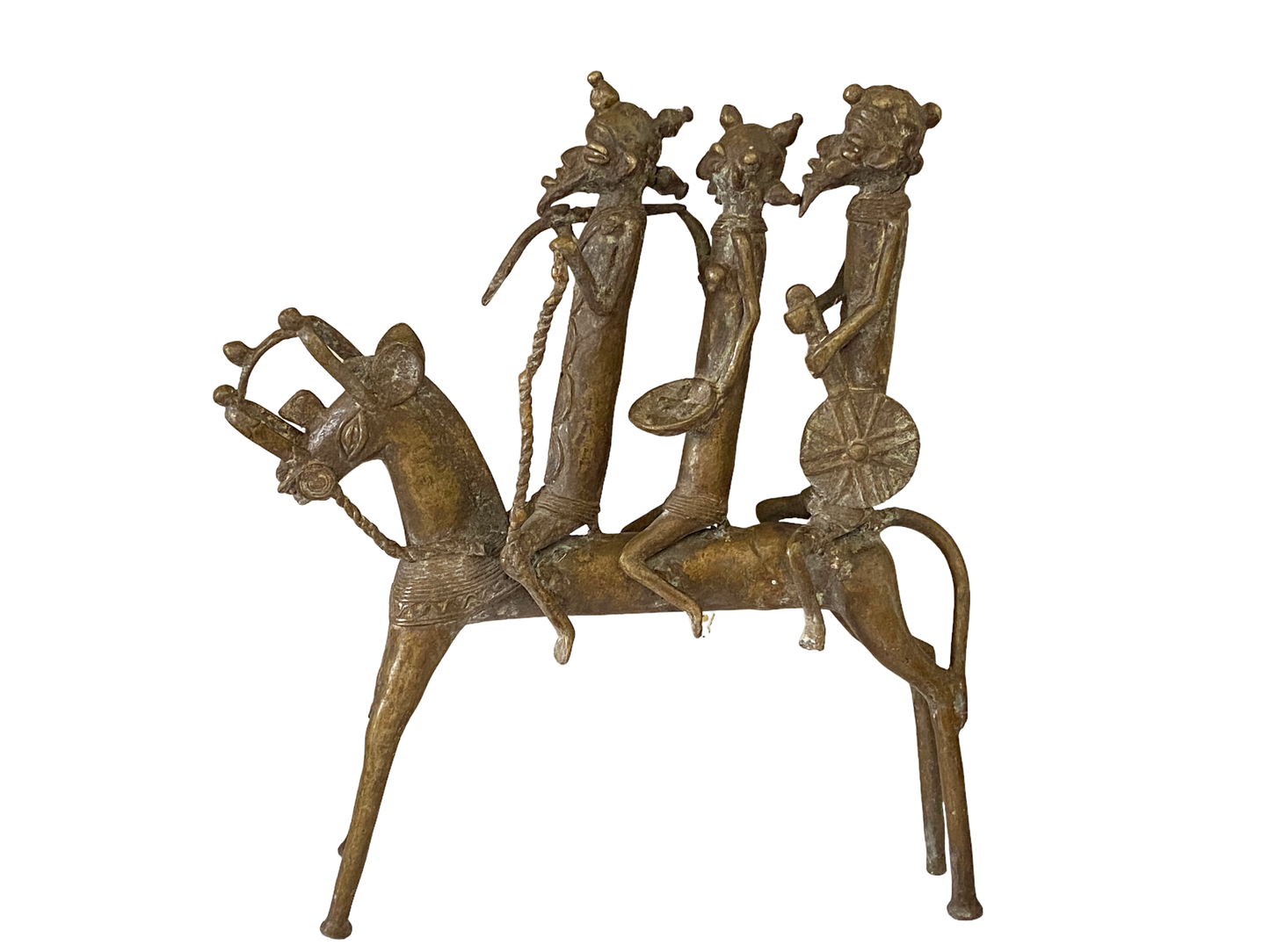 #4895 LG  African Kotoko Bronze Horseman W/ 3 Companions 17" H Chad