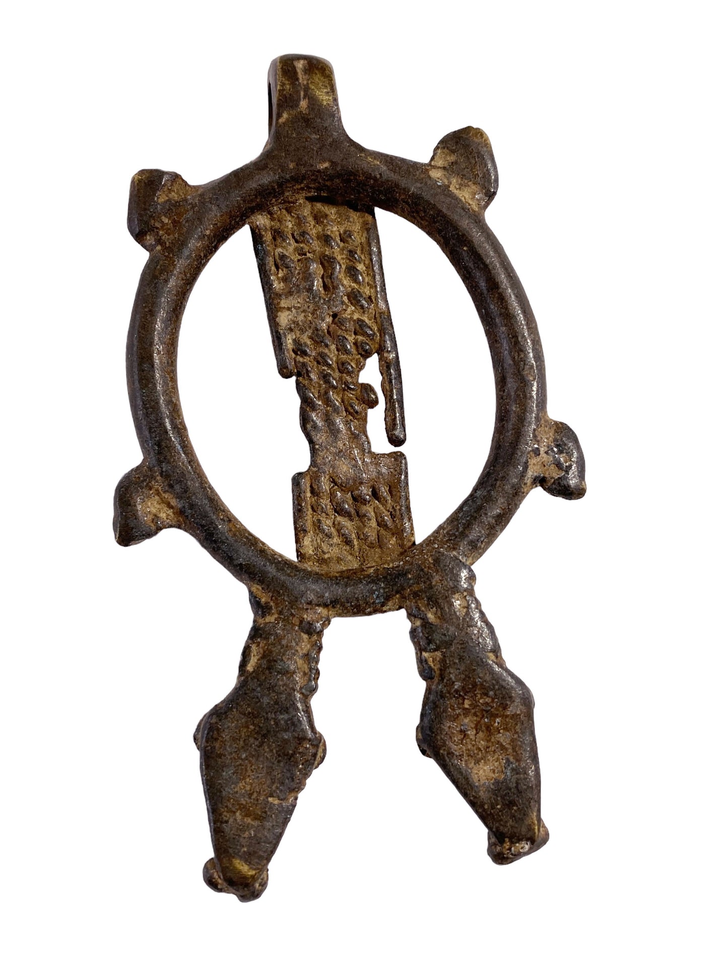 #5348 African Gan Crocodiles Bronze Gold Weight / Pendant Burkina Faso 2.75" H