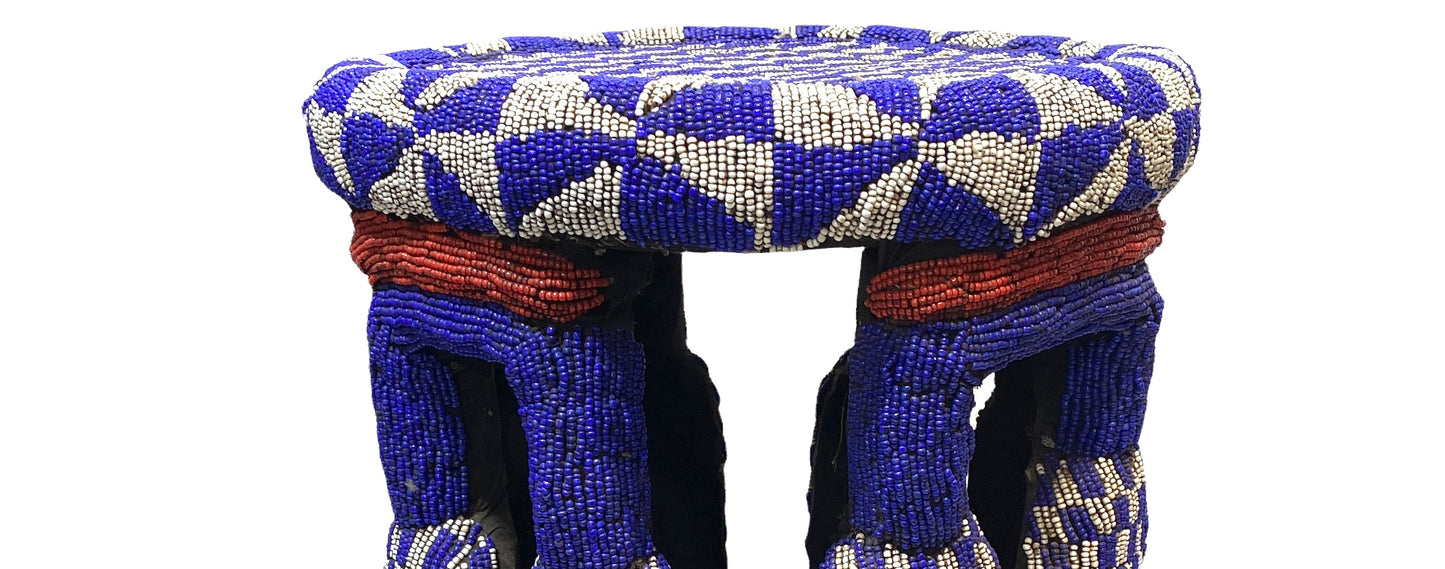 # 4581 LG Nobility Beaded Wood Bamileke Throne /Table/ Stool Cameroon 19.5" D