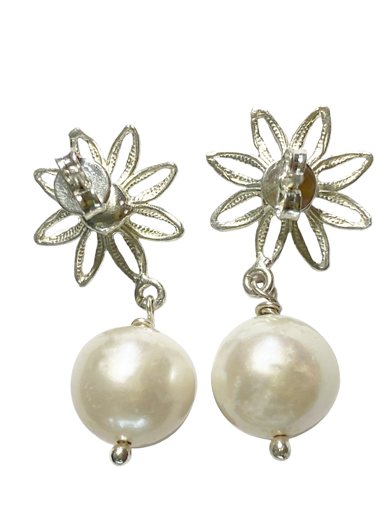 #5051 Custom Made  11.7MM Round White  Pearl Stud Earrings W/Filigree Sterling Silver