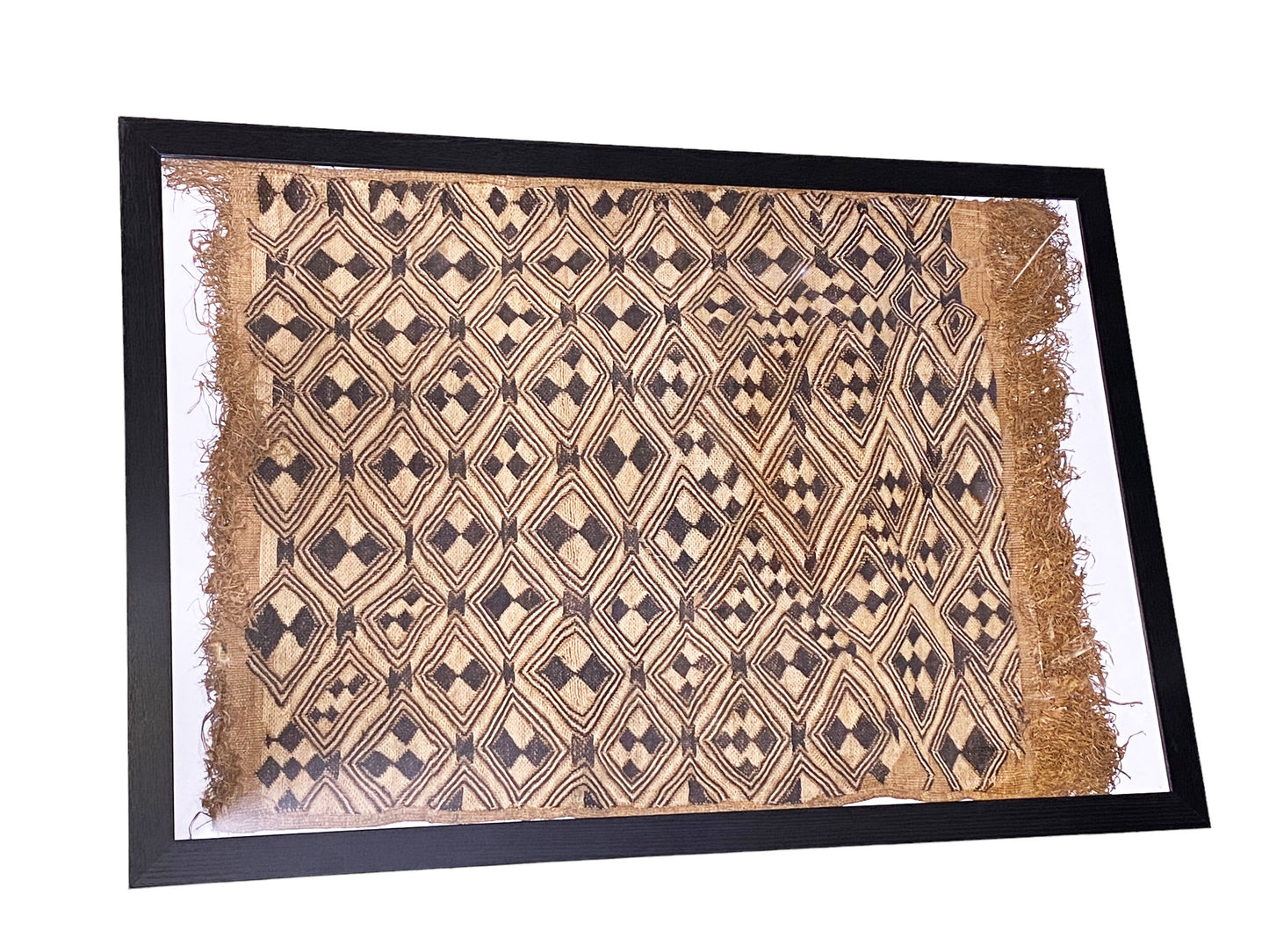 #5332 African tribal Kuba Kasai Raffia Textile framed 24" by 36"
