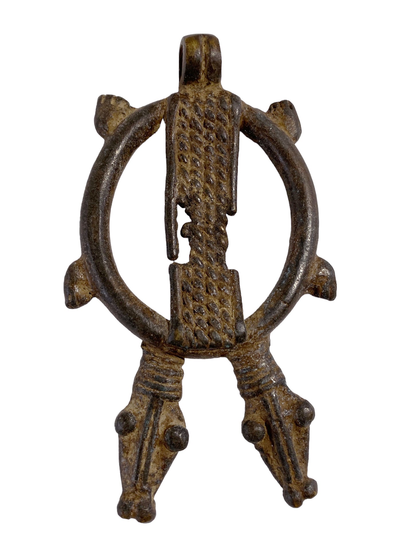 #5348 African Gan Crocodiles Bronze Gold Weight / Pendant Burkina Faso 2.75" H