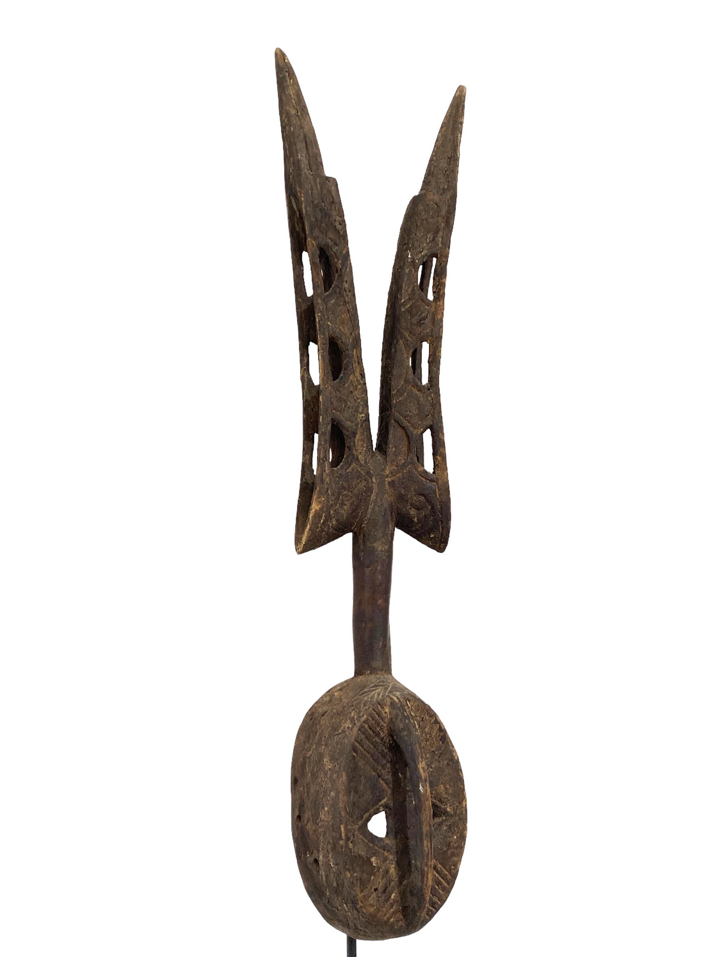 #5472 African Vintage Dogon Antelope Mask Mali 51.5" H W/Iron Stand