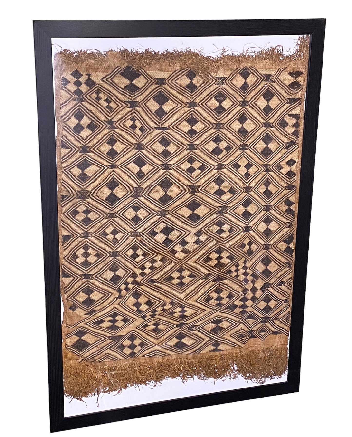 #5332 African tribal Kuba Kasai Raffia Textile framed 24" by 36"