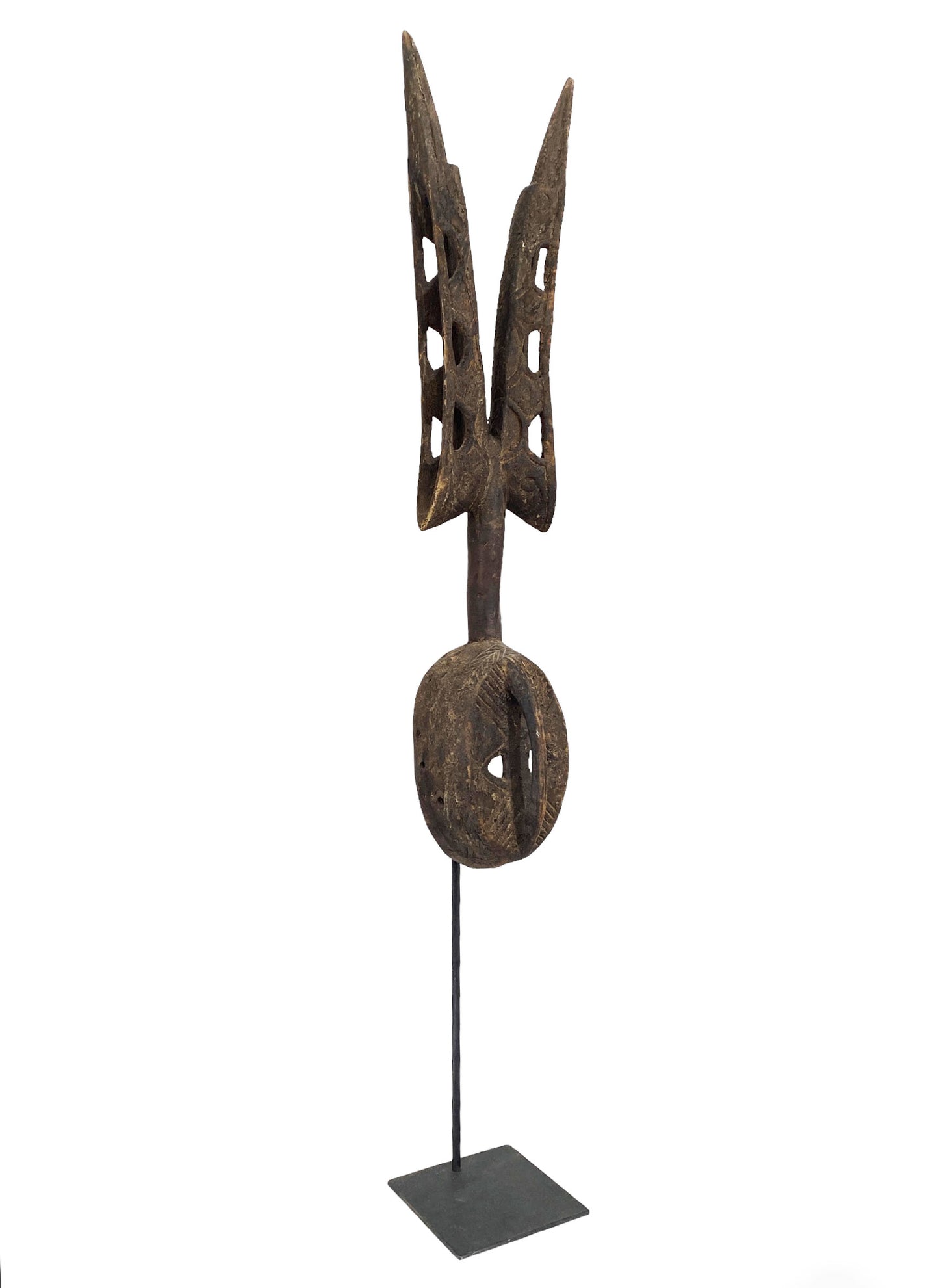 #5472 African Vintage Dogon Antelope Mask Mali 51.5" H W/Iron Stand