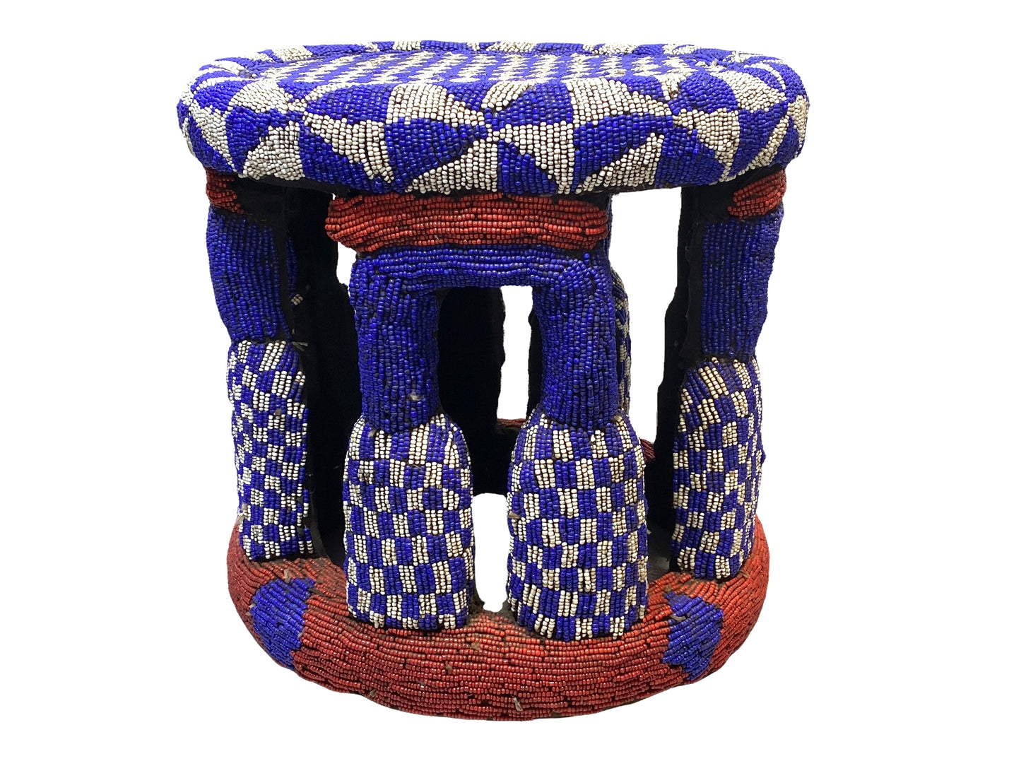 # 4581 LG Nobility Beaded Wood Bamileke Throne /Table/ Stool Cameroon 19.5" D